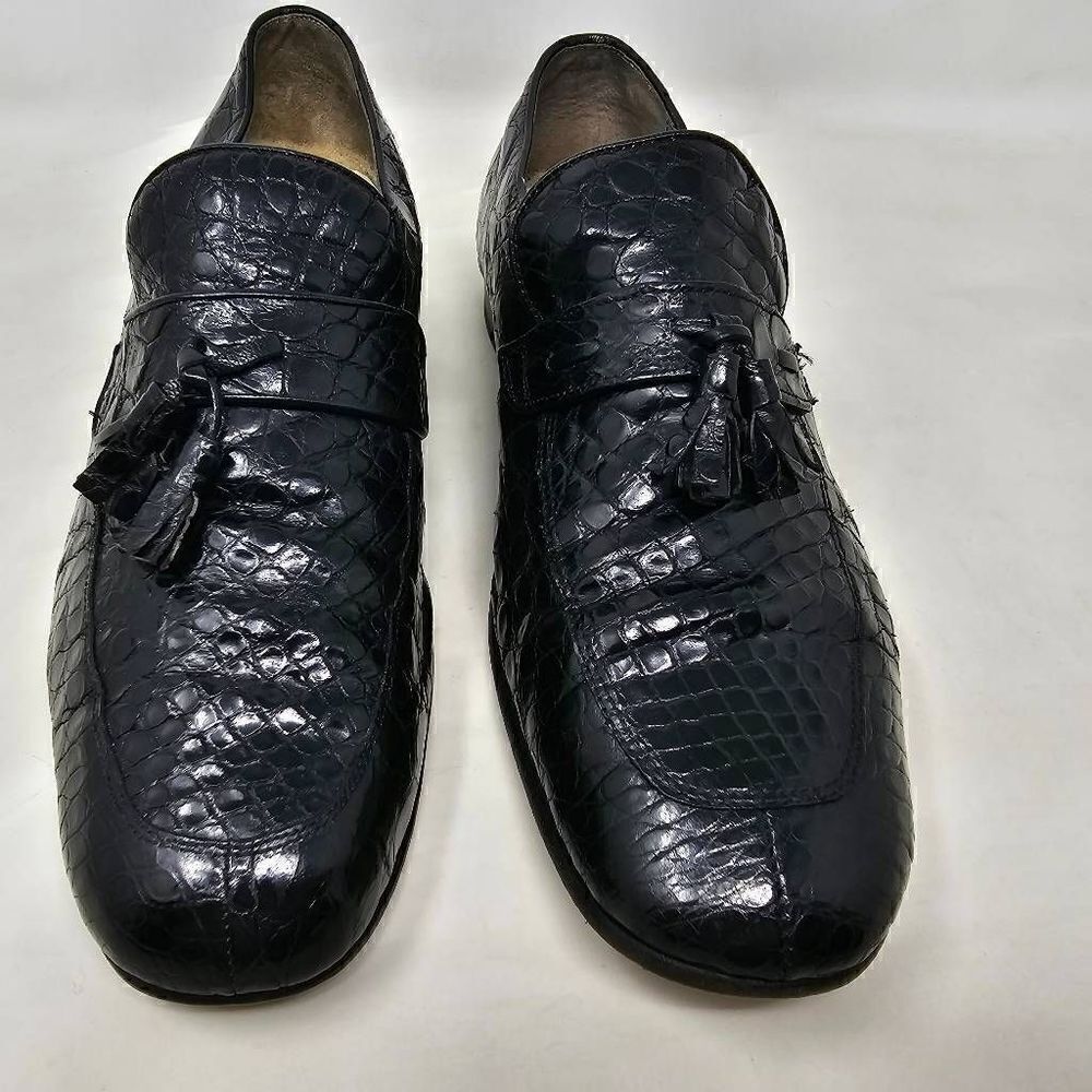 VINTAGE BLACK FULL CROCODILE LEATHER APRON TOE TASSEL LOAFER MENS 8 3.6" WIDE